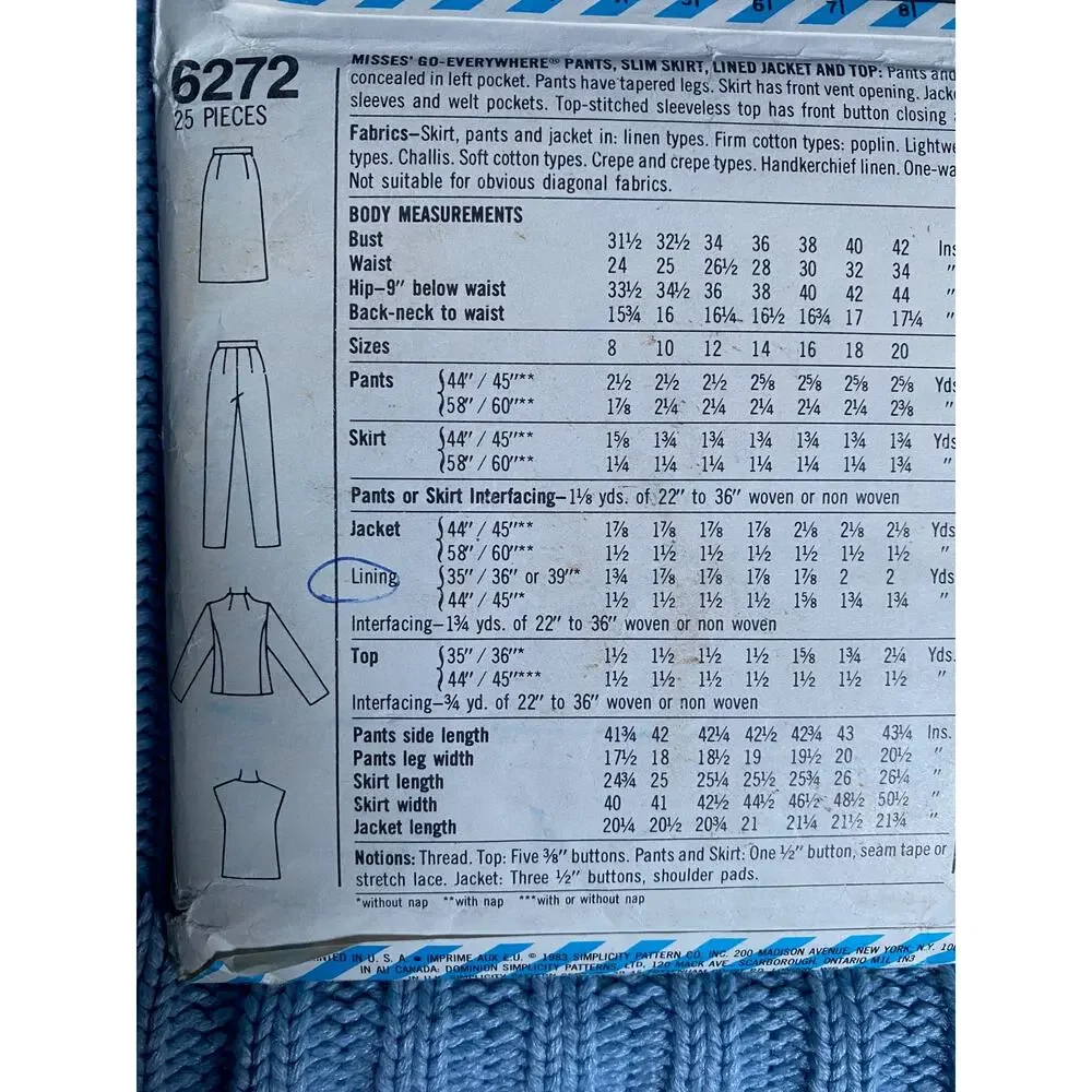 Simplicity Sewing pattern 6272 pant suit blazer skirt